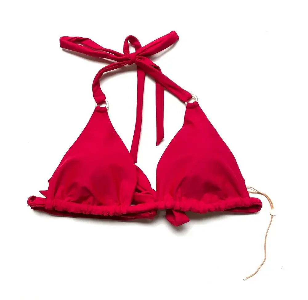 Quince Italian Ring Triangle Bikini Swim Top Cherry Red Size Large NEW